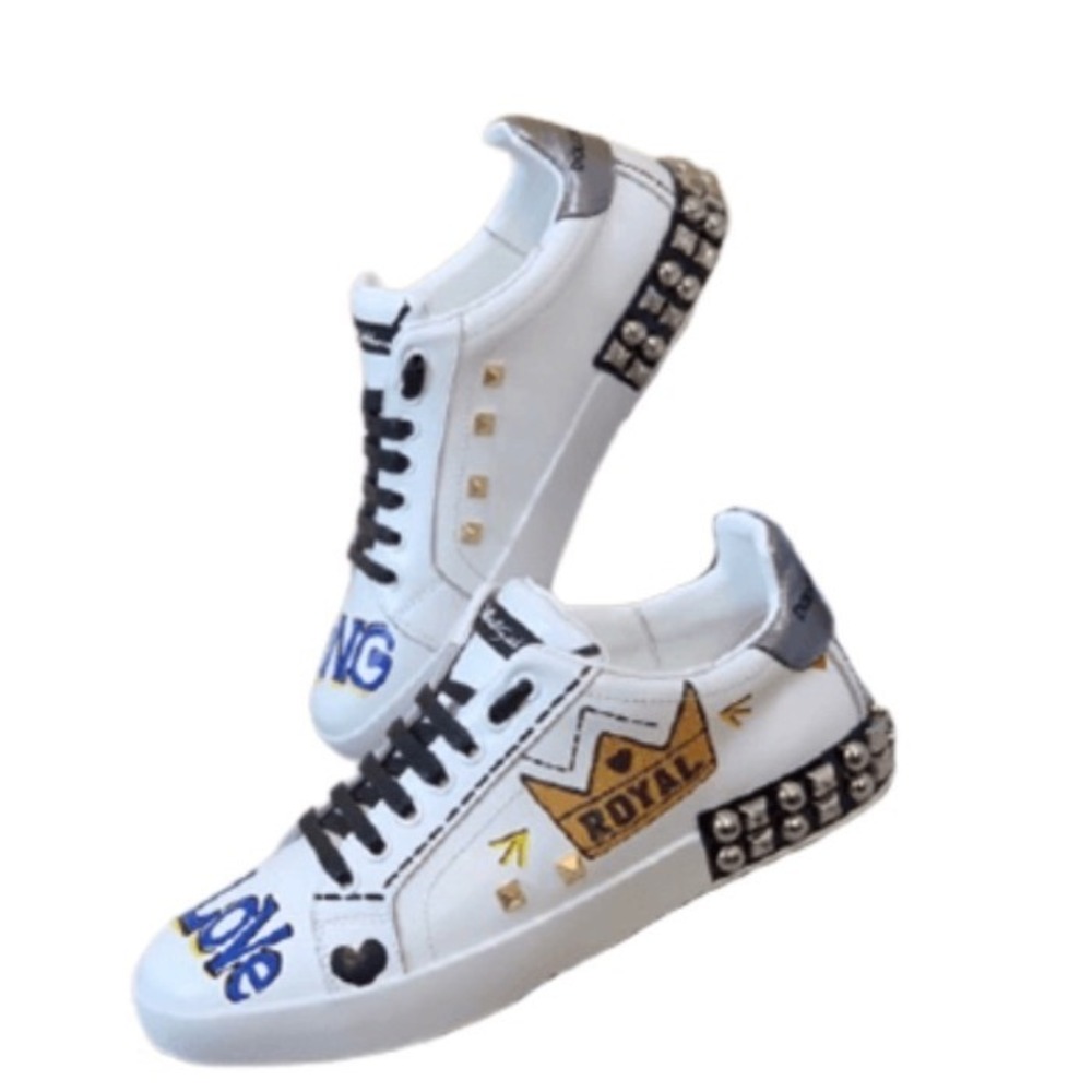 Dolce & Gabbana Portofino King of Love Graffiti Studded Leather Sneakers White